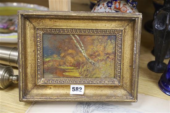 English School c.1900, oil on panel, Sketch of heathland, 12 x 26cm and a smaller sketch of a birch tree